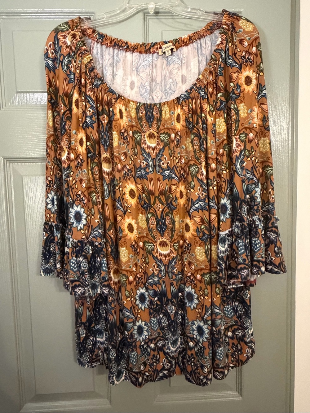 Plus size Democracy Rust Floral Boho Tunic with Navy Accents